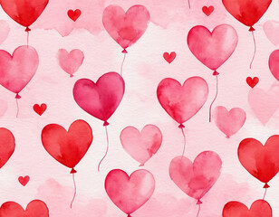 watercolor drawing. Valentine's day background with red and pink hearts like balloons on pink background, flat lay