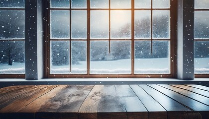 a table by a window with a view of a snowy landscape 