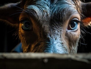 Intense and curious, a cow's snout resembles a dog's, with soft fur and piercing eyes, as it gazes closely at the camera, reminiscent of a goat's inquisitive nature