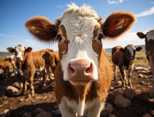 A curious bovine gazes up at the vast sky, standing proudly in the open field surrounded by its herd and calf, embodying the peacefulness and simplicity of farm life