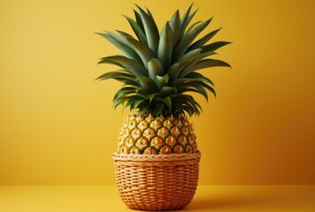 A vibrant ananas, nestled in a cozy indoor basket, adds a pop of color to the wall with its tropical allure