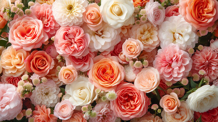 Top view pattern summer blooming delicate roses, background