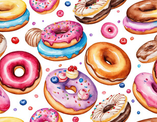 watercolor drawing. Donuts and confectionery topping flying over white background.