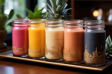 An eclectic display of vibrant candles, nestled in mason jars atop a rustic table, evokes feelings of warmth and preservation in an indoor setting - obrazy, fototapety, plakaty