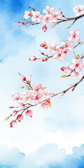 watercolor drawing. Spring banner with branches of blossoming cherry background with blue sky, landscape panorama, copy space.