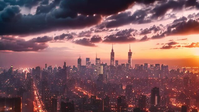 beautiful city at sunset. 4k video animation
