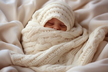 A peaceful newborn sleeps soundly in the comfort of their bed, swaddled in a soft white blanket