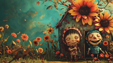 Funny children in a wooden house with sunflowers
