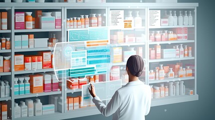 Medicine, tablet screen and pharmacy woman reading product, bottle or medical stock. Mockup space, top view and mature pharmacist check clinic database for supplements, healthcare or antibiotic info. - obrazy, fototapety, plakaty