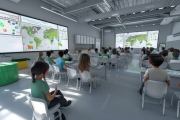 An innovative classroom where waste becomes a teaching tool students sitting on furniture made from recycled materials with interactive digital screens displaying information on waste management