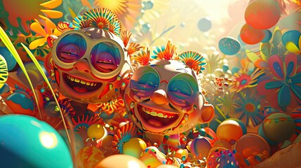 Illustration of a group of happy alien with colorful flowers and balloons