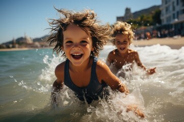 Two young girls are having the time of their lives, splashing and laughing in the sparkling water at the beach on a warm summer day, their bright smiles and colorful swimwear reflecting the vibrant b