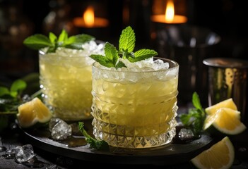A refreshing twist on classic cocktails, a pair of glasses with ice and mint leaves sit atop a table adorned with candles, showcasing the vibrant citrus flavors of a tom collins, mint julep, and moji