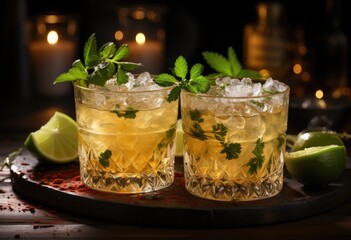 A refreshing summer evening at the bar, with two glasses of icy lemon-lime cocktails garnished with fresh leaves, a classic highball and a zesty caipirinha, beckoning to be savored while surrounded b - obrazy, fototapety, plakaty