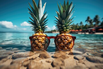 Two playful pineapples bask in the sun, adorned with shades, floating in the clear blue waters surrounded by a picturesque beach with towering palm trees and lush green plants, creating a tropical la