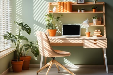 An inviting home office space with a vibrant houseplant, cozy chair, and sleek writing desk, complete with wooden shelving and a view of potted plants by the window
