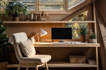 A cozy home office with a modern computer desk, plush armchair, and lush houseplant perched by the window, creating a serene and stylish indoor workspace