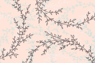 Luxury floral peach abstract background with small foliage and branches. Vector design template for postcard, wall poster, business card, flyer, banner, wedding invitation, print, cover, wallpaper