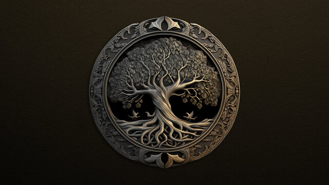 Tree of Life on brown leather background, desktop wallpaper.