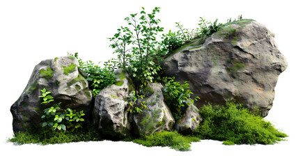 Large rocks with overgrown foliage and moss, plants and foliage around, green nature, isolated on transparent background
