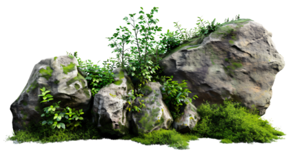 Large rocks with overgrown foliage and moss, plants and foliage around, green nature, isolated on transparent background