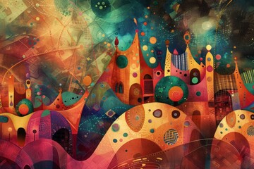 An abstract portrayal of a pillow metropolis with a burst of colors and fantastical shapes. The scene invites children to envision lively characters residing in the pillow abodes