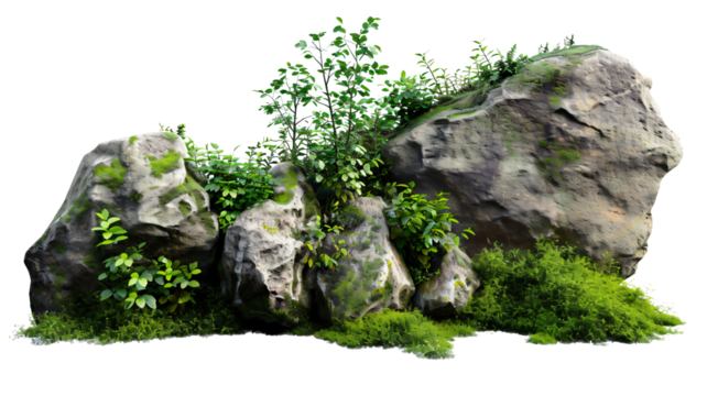 Large rocks with overgrown foliage and moss, plants and foliage around, green nature, isolated on transparent background