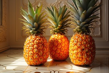 A colorful display of local produce, a group of ripe pineapples sit on a white surface against an orange wall, evoking feelings of freshness and natural goodness