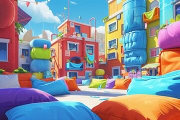 The transformation of vibrant, assorted pillows into charming buildings and houses. The scene is alive with the imagination of children as the pillows take on the appearance of a whimsical cityscape