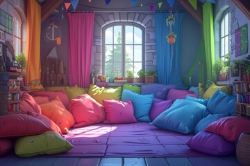 The transformation of vibrant, assorted pillows into charming buildings and houses. The scene is alive with the imagination of children as the pillows take on the appearance of a whimsical cityscape