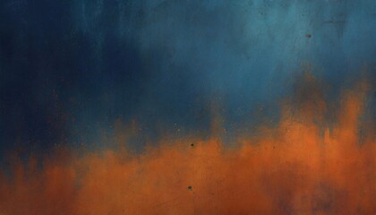 Abstract grunge texture with a dynamic clash of orange and dark blue hues and paint splatters.