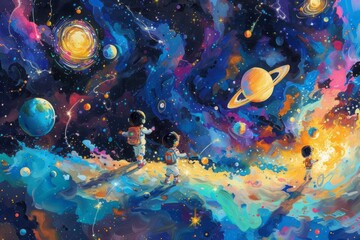 Obraz na płótnie Canvas An artistic representation of children's cosmic exploration where every toy becomes a celestial body in a vibrant galaxy