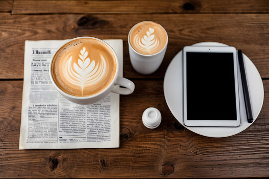 Concept photo shoot of latte with newspaper and tablet