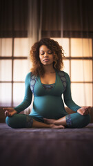 Obraz na płótnie Canvas A pregnant mother meditates peacefully on a yoga mat. story size. Generative AI