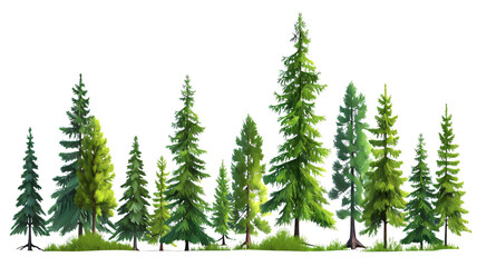 Green evergreen fir pine spruce trees treeline isolated on transparent background - obrazy, fototapety, plakaty
