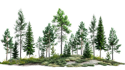 Green evergreen fir pine spruce trees treeline isolated on transparent background