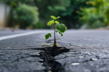 Tree growing at the crevices of asphalt road