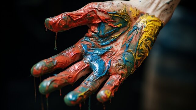 A close-up of an artist's paint-stained hand.