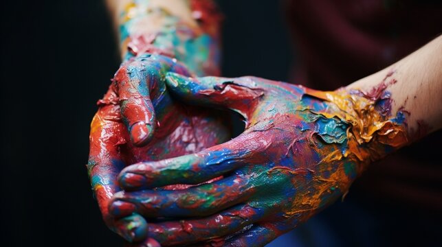 A close-up of an artist's paint-stained hand.