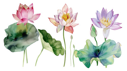 Set of Lotus flower watercolor collection of hand drawn, Lotus flower elegant watercolor illustration, isolated on transparent background