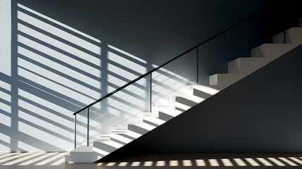 Abstract patterns formed by light and shadow on a staircase in a modern building