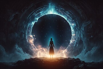 Obraz premium Woman in Front of a Portal Generative AI
