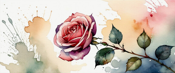 A pink rose. Watercolor paint smeared on a white background. Illustration in watercolor style.