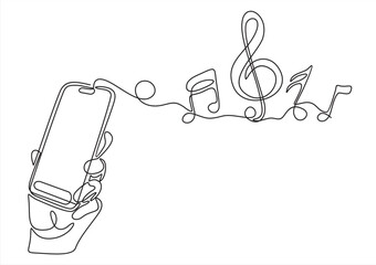 Phone in a hand playing music.technology of device, note, sound, smartphone player concept.Continuous one line drawing	