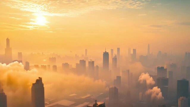 The city is filled with smog. 4k video animation