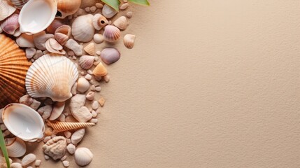 Fototapeta na wymiar A clean summer beach mockup with seashells around, copy space place for text background