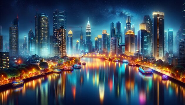 a Enchanted Evening: City Lights Reflection top-tier, non-blurry abstract digital environment, captivating and dynamic, featuring high-resolution details and vibrant, futuristic elements