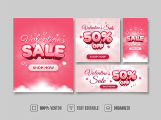 Valentine’s Sale Social Media Kit Design with Text Effect and Pink Gradient Background.
