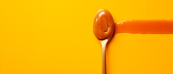 Flowing off a spoon caramel on vibrant yellow background. Banner with copy space. Confectionery concept - obrazy, fototapety, plakaty