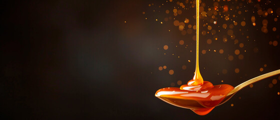 Pouring caramel with golden spoon against a dark background with bokeh lights. Banner with copy space. Confectionery concept